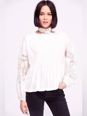 Free People Women's White Peplum Blouse with Lace Sleeves